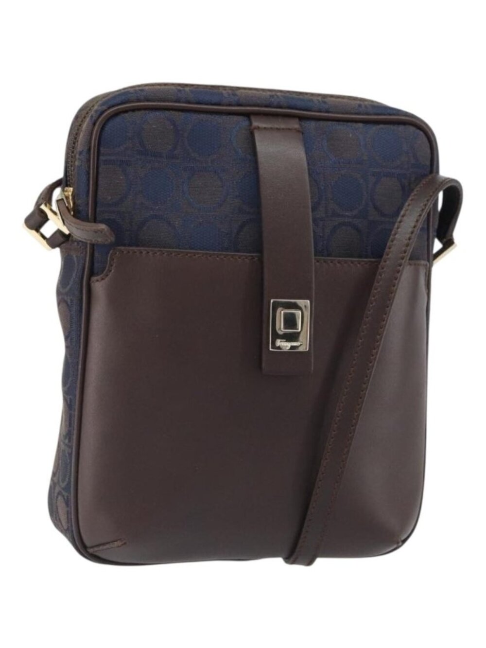 Salvatore Ferragamo Gancini Shoulder Bag Nylon Leather Navy Gold